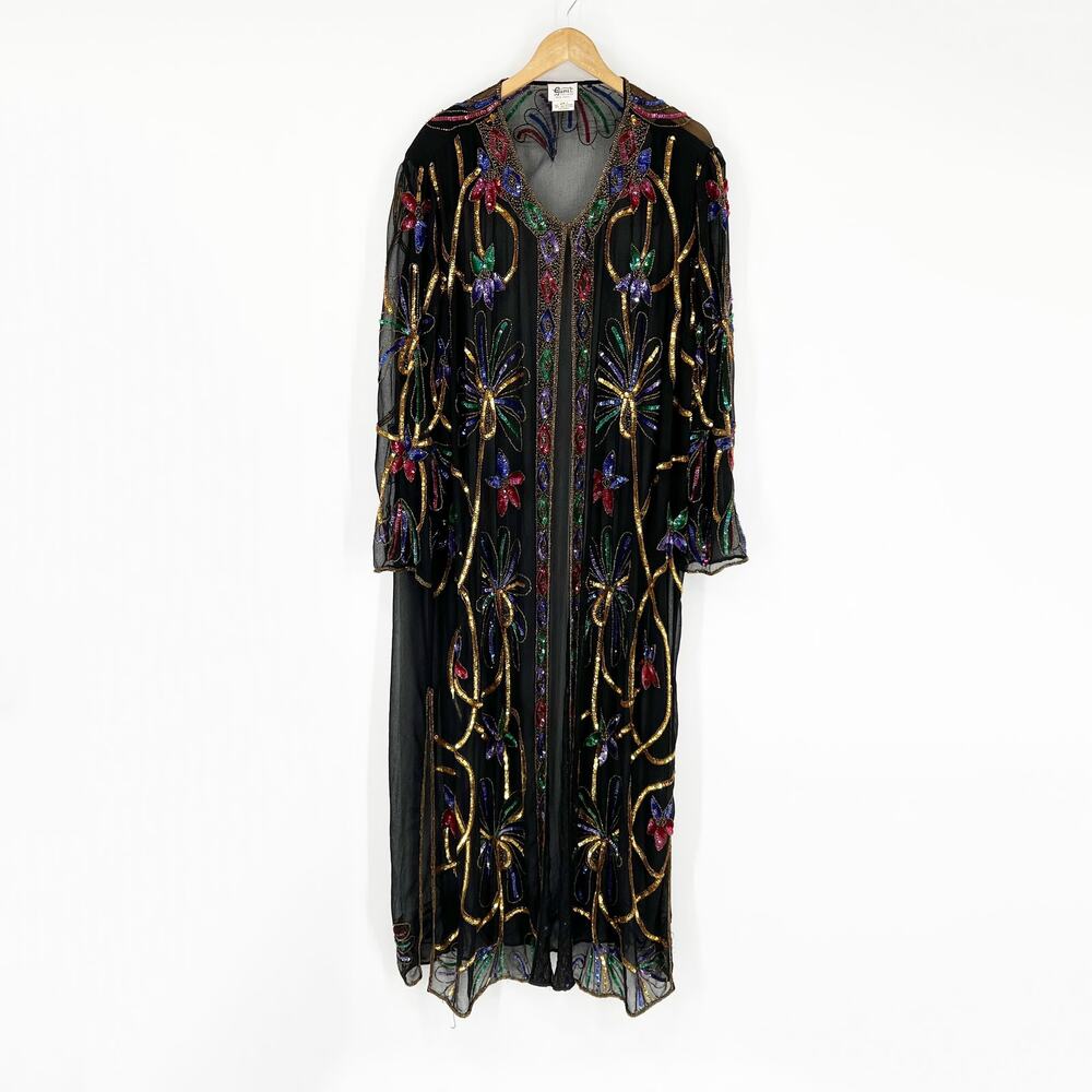 Vintage Sequin Beaded Sheer Black Maxi Duster Kimono Jacket